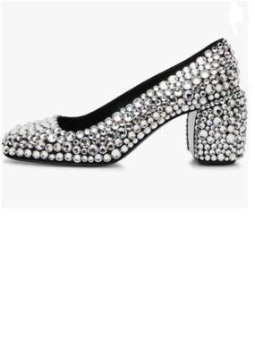 Maiyang Black Studded Sparkling Rhinestone Slip on Square Toe Chunky Heels Pumps